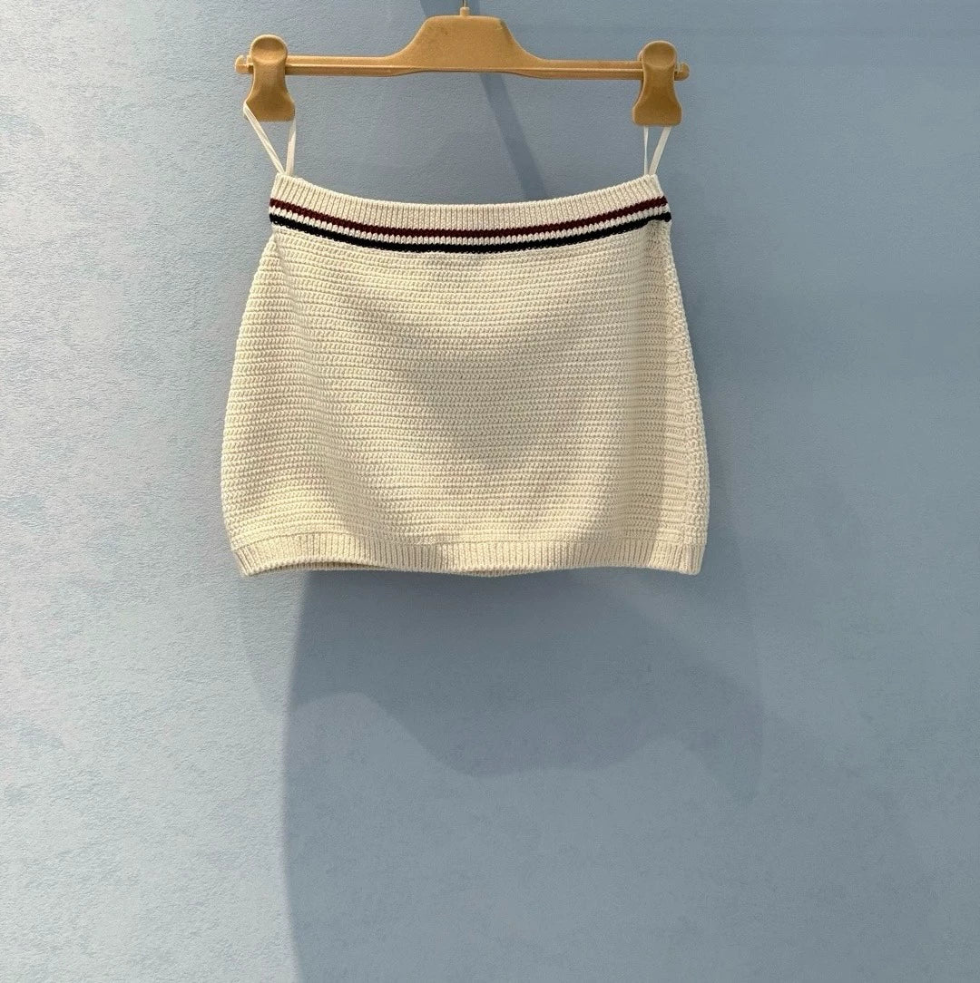 25 Summer new color matching ribbon pure cotton knitted suspender skirt suit