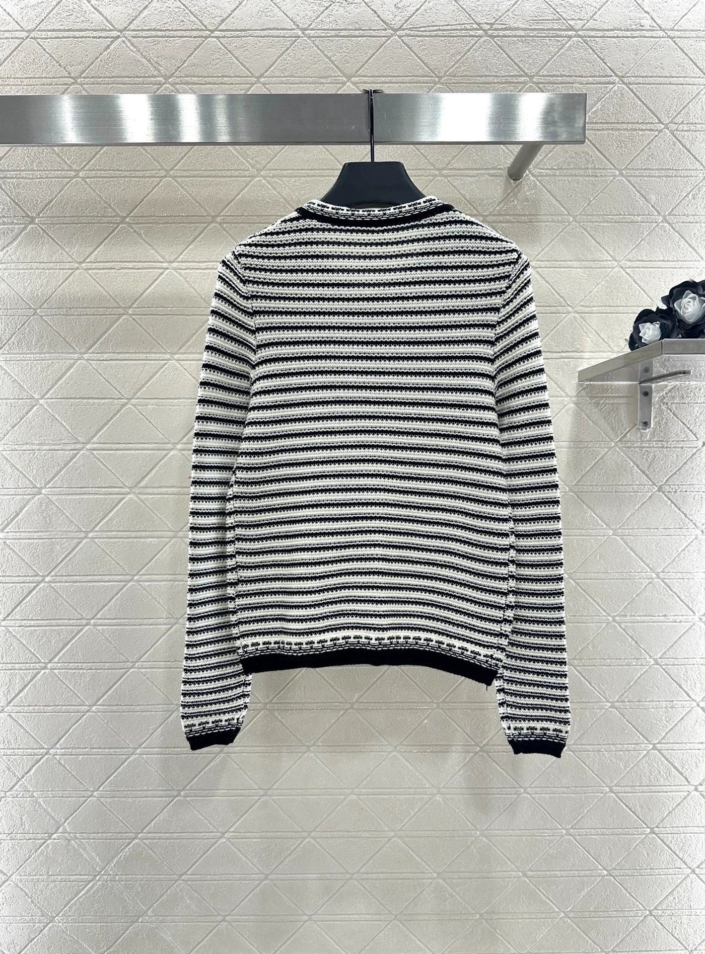 Striped contrasting knit round neck cardigan