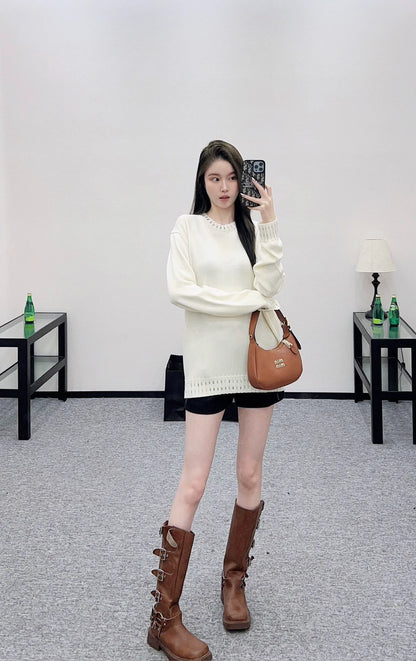 25fw Rhinestone edging knitted sweater