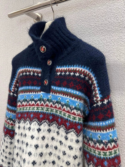 Ethnic style high necked knitted sweater
