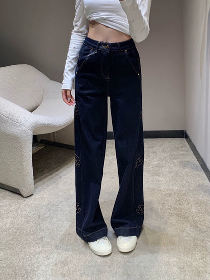 Side embroidered denim pants