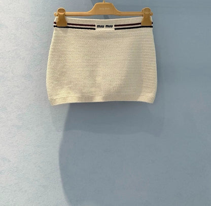 25 Summer new color matching ribbon pure cotton knitted suspender skirt suit