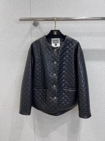 Diamond-patterned leather cotton-padded jacket