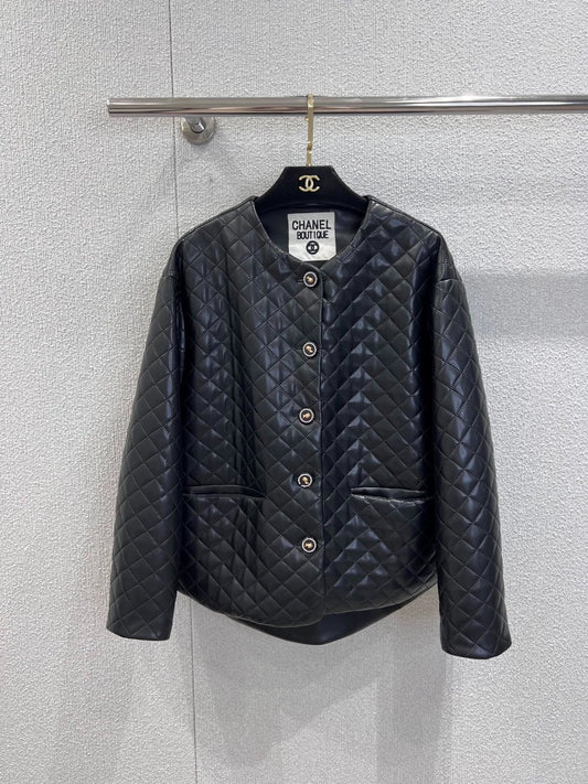 Diamond-patterned leather cotton-padded jacket