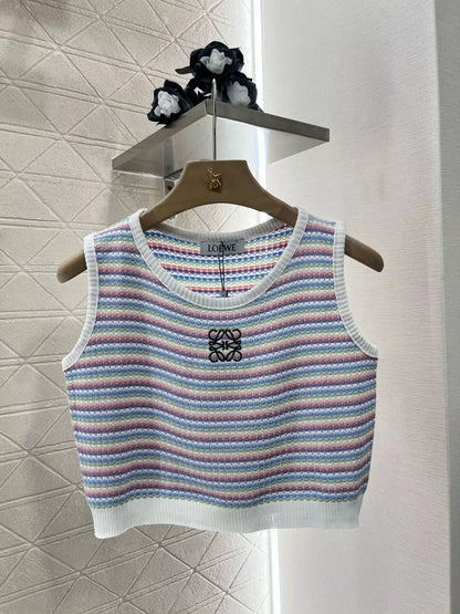25 Spring and Summer New Contrast Stripe Embroidery Knitted Vest