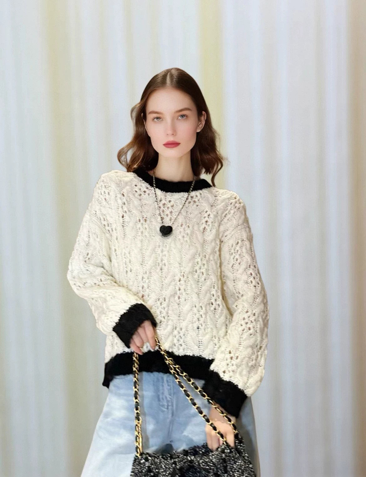 25fw Black and white color blocked hollow knitted sweater