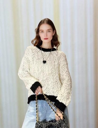 25fw Black and white color blocked hollow knitted sweater