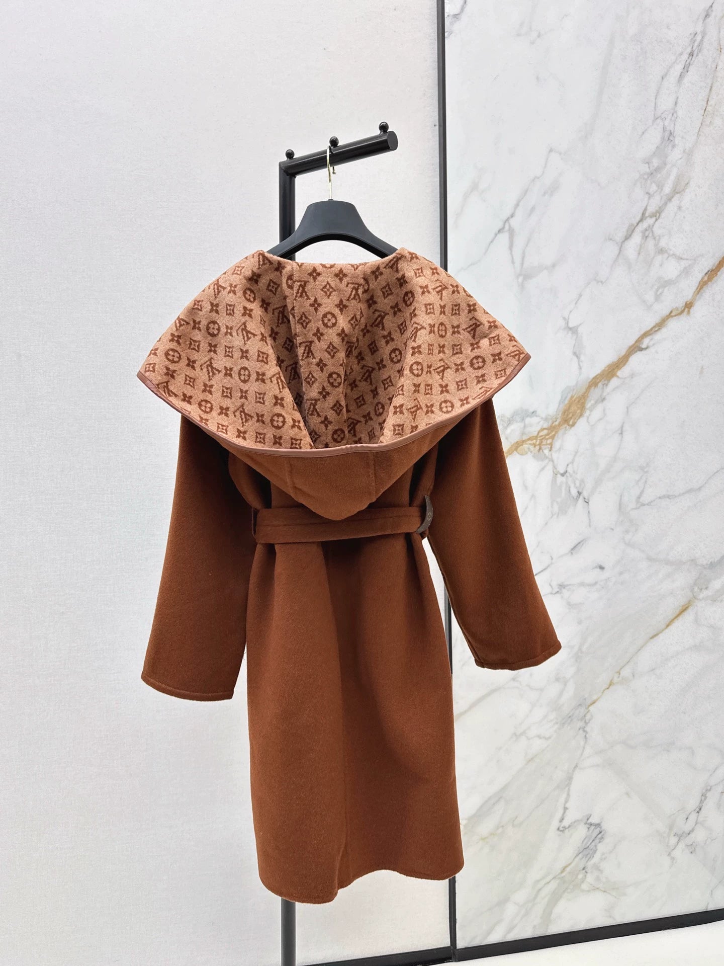 Double sided wearable classic wrap style long hooded coat