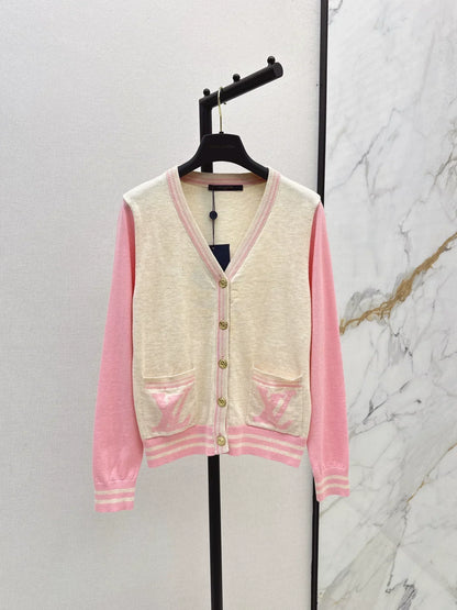 25 Color blocking V-neck knitted cardigan
