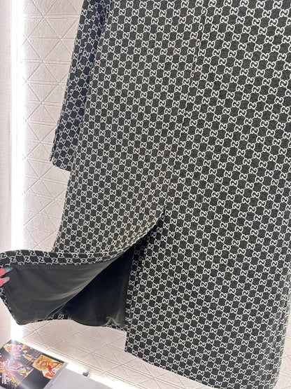 Flip collar jacquard long coat jacket