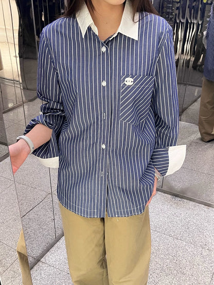 25fw Striped patchwork collar shirt(vintage series)