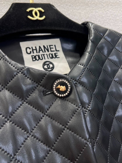 Diamond-patterned leather cotton-padded jacket