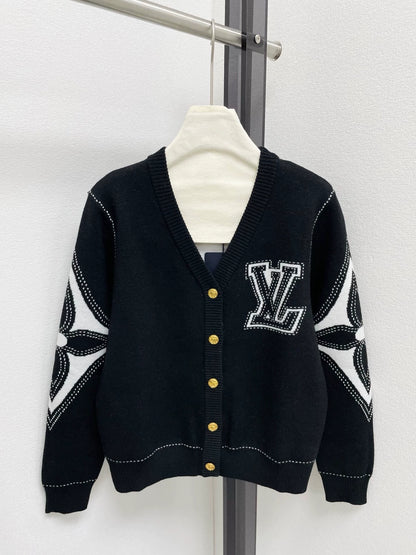 25fw Sleeve contrasting logo V-neck cardigan