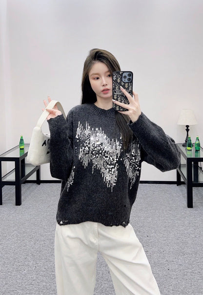 25fw Broken hole sequin round neck sweater