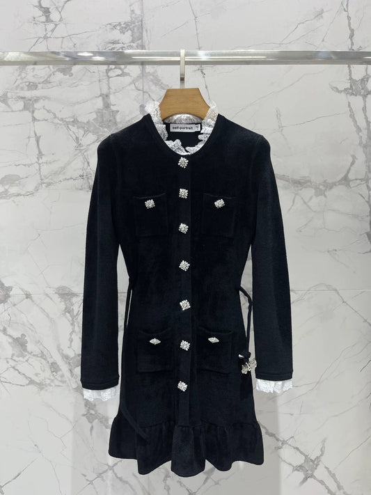 25fw Black diamond velvet chenille knit dress