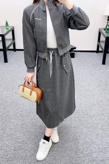 25fw Collar jacket drawstring skirt set