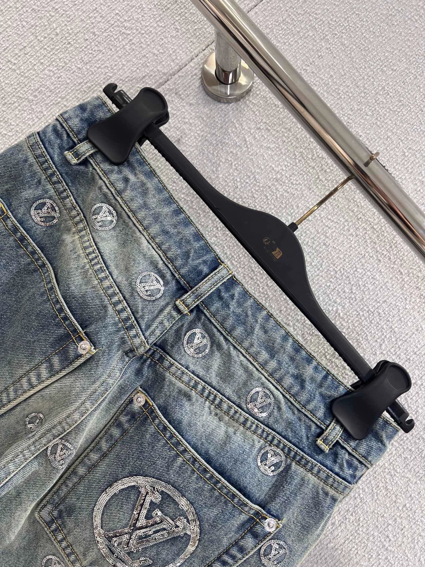 Monogram Sequin Wide-Leg Denim Pants