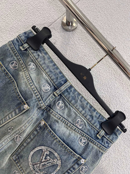 Monogram Sequin Wide-Leg Denim Pants