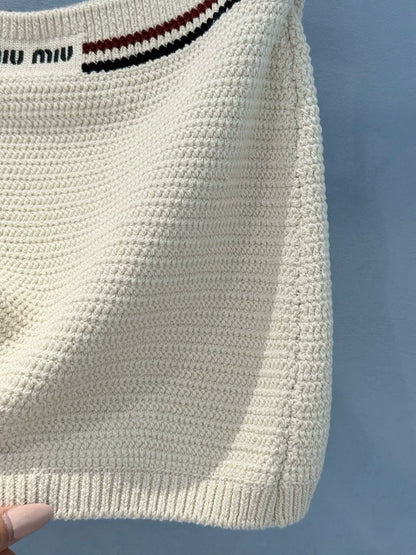 25 Summer new color matching ribbon pure cotton knitted suspender skirt suit