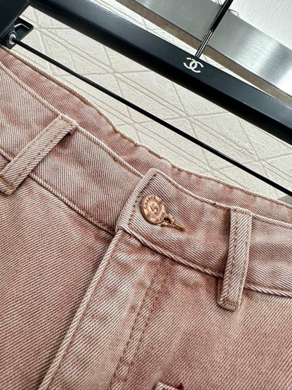 Pink ground white straight leg denim pants