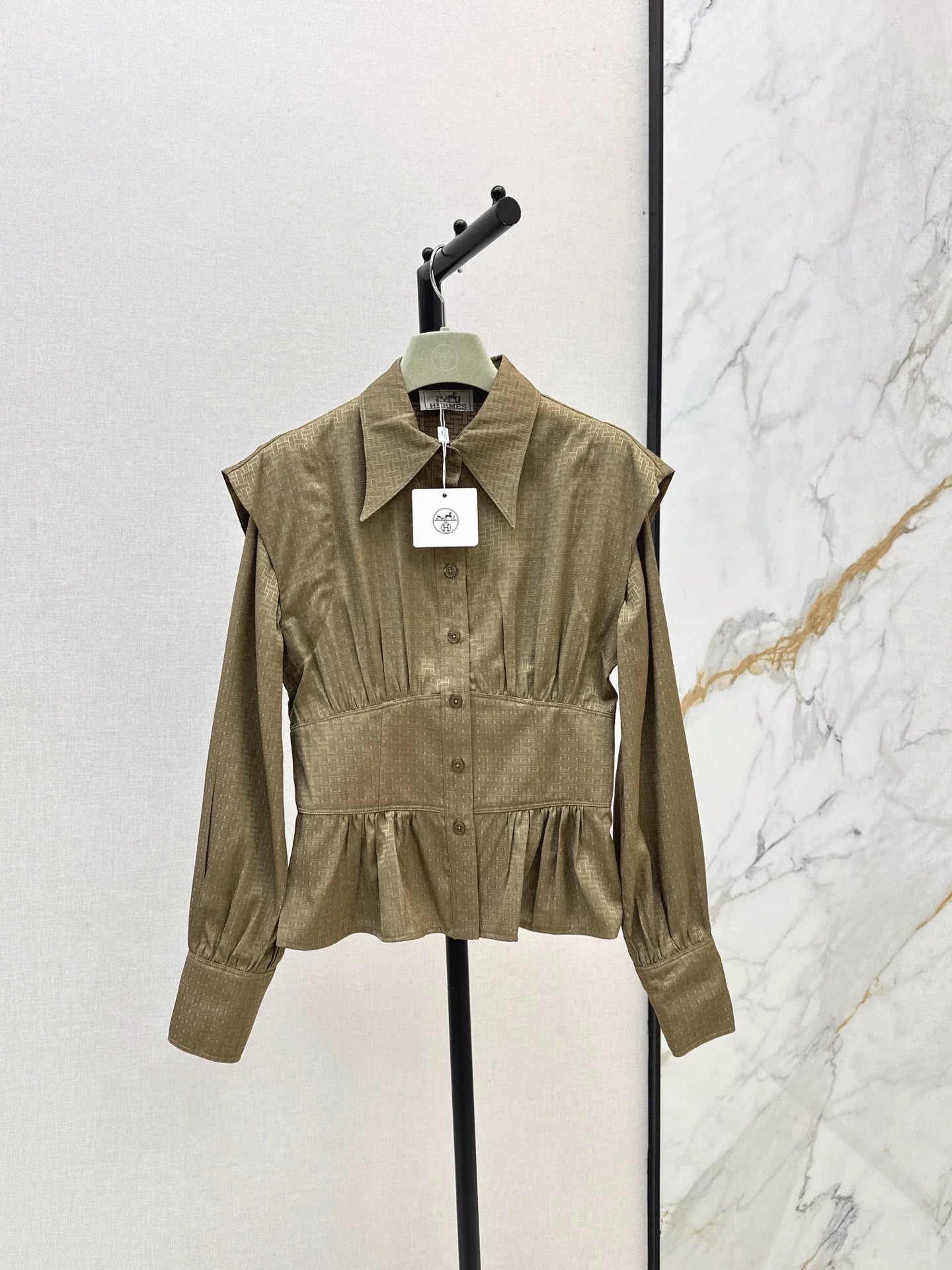 25fw Dark patterned jacquard waist cinched shirt