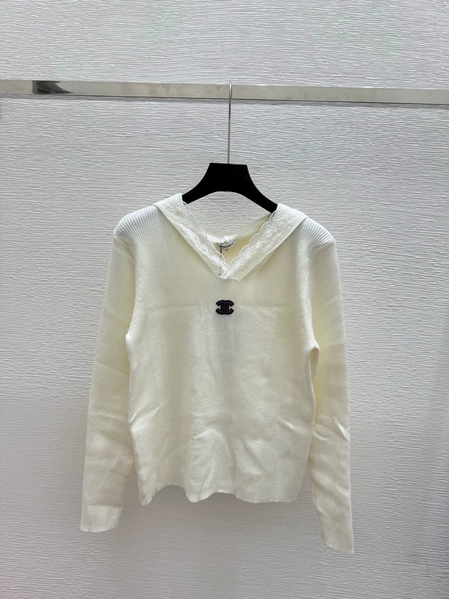 25fw Lace patchwork hooded knit sweater