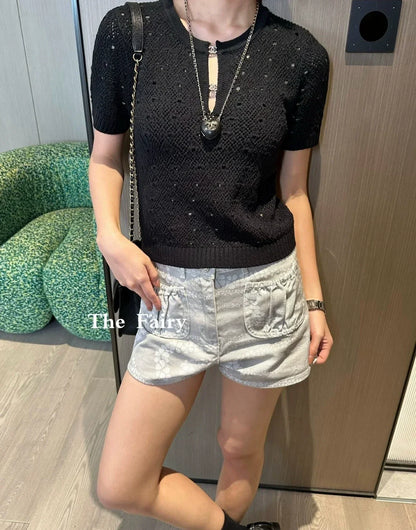 25fw hollow crocheted short-sleeved top