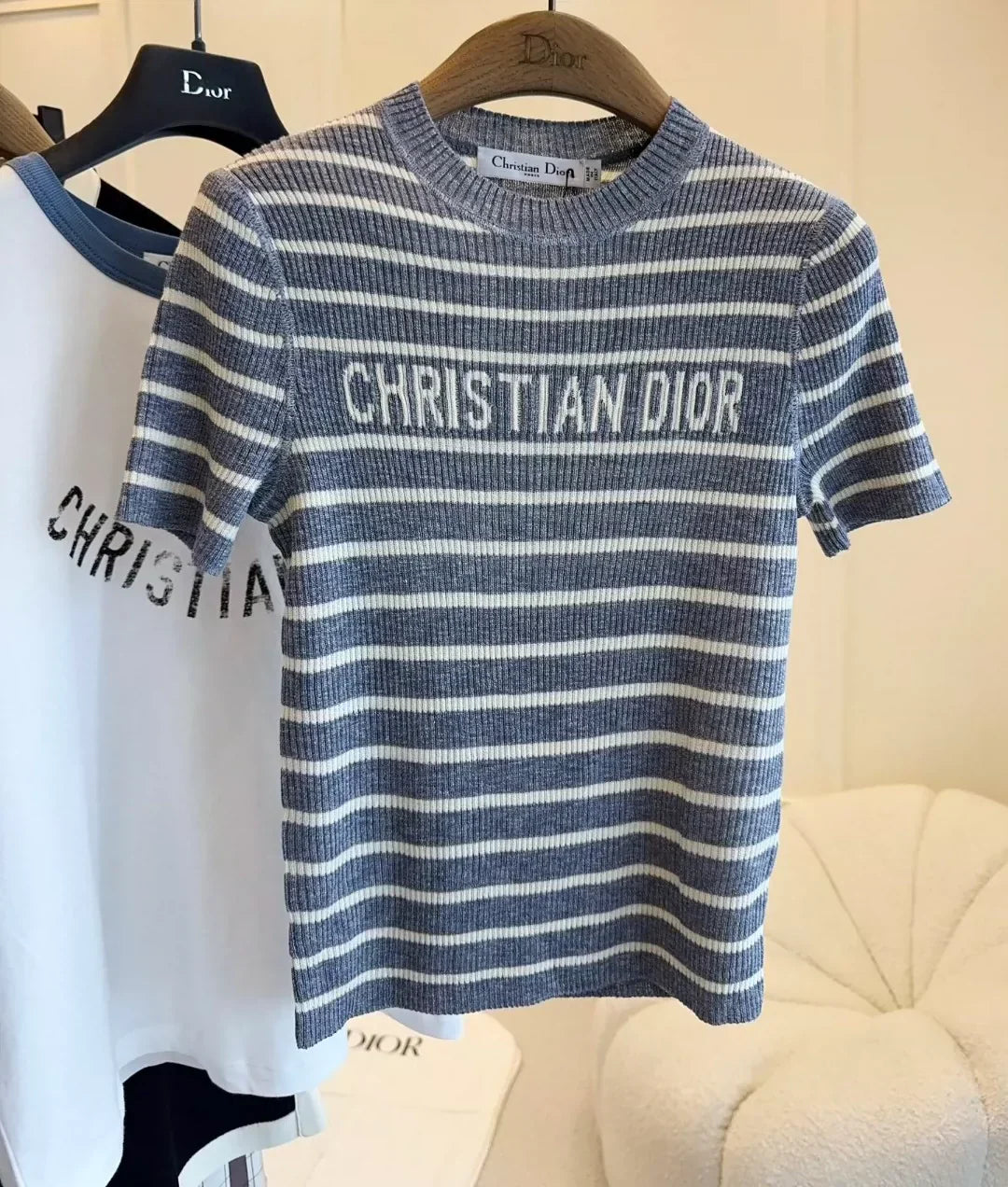 25 Summer new striped logo intarsia striped short-sleeved knitted top