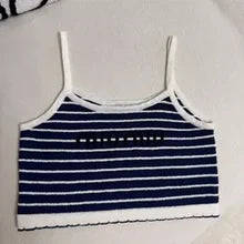 25 Summer new dark blue striped sweater suspender top + skirt set