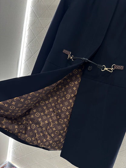 25fw Round neck leather chain buckle mid length jacket