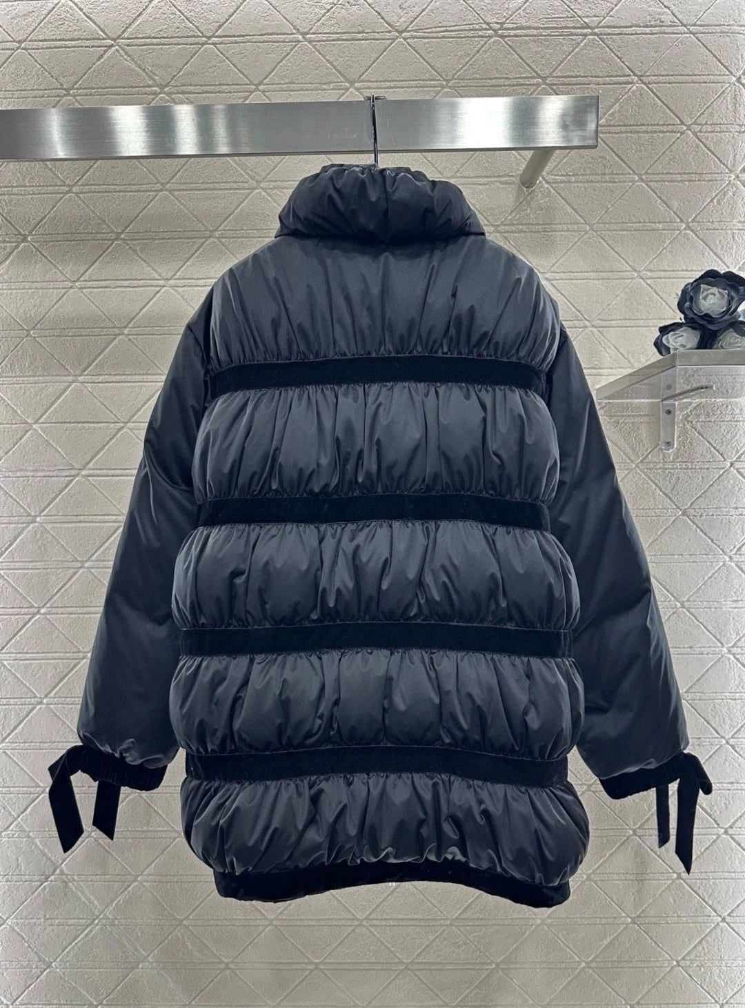 Velvet bow mid length down jacket