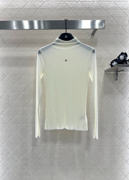 25fw Slim fit rhinestone double C high neck base shirt