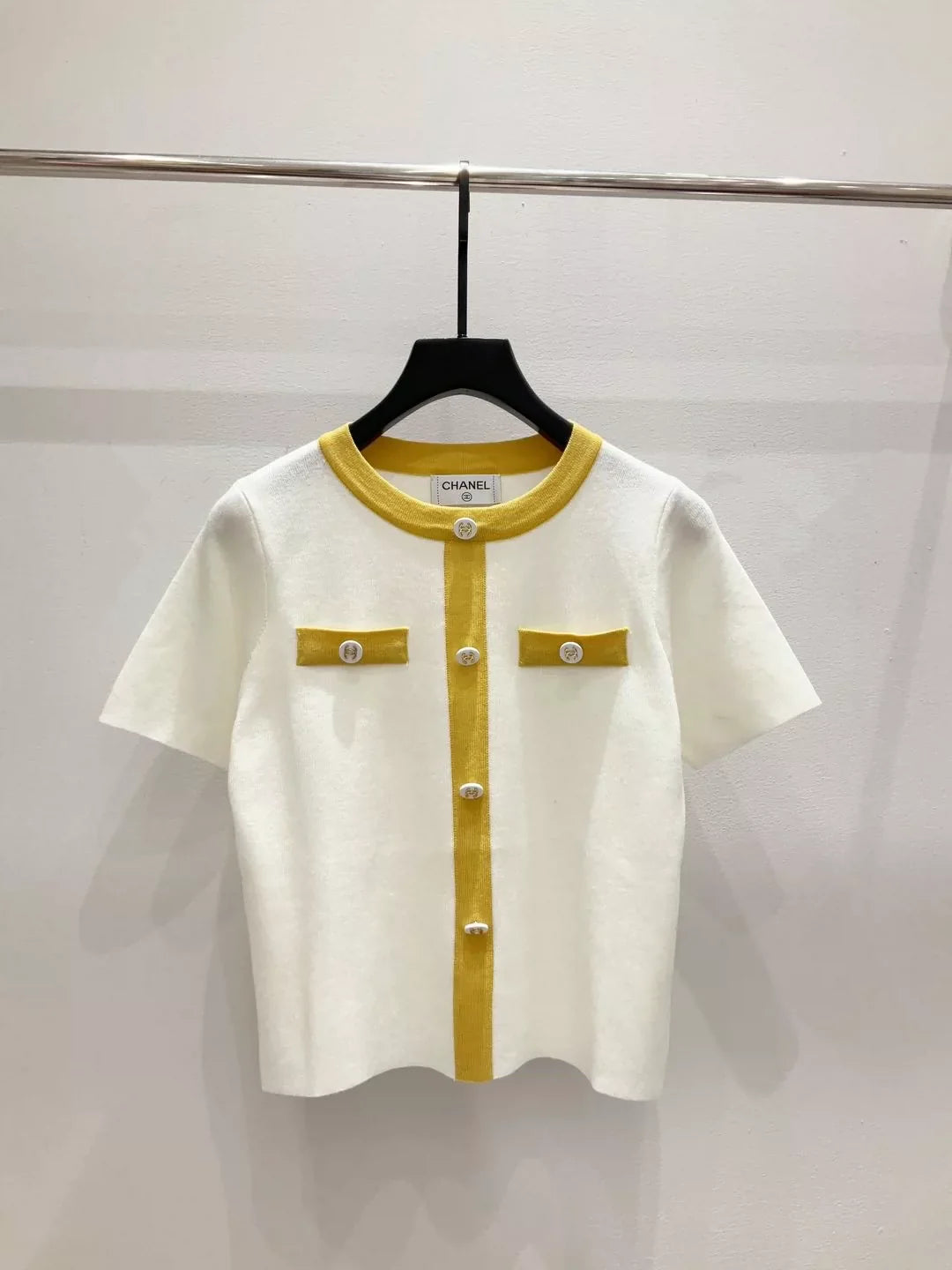 25fw Color blocked knitted short sleeved shirt