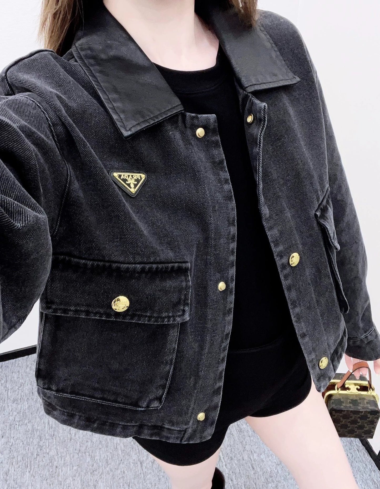 25fw Leather collar denim jacket