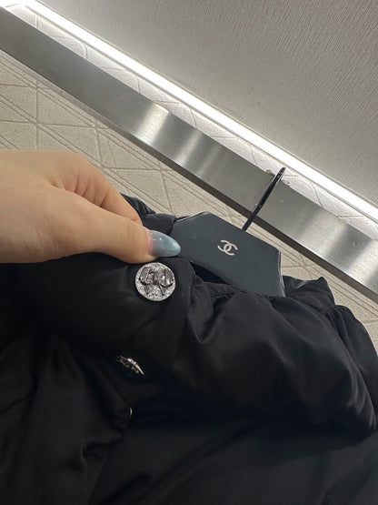 Velvet bow mid length down jacket