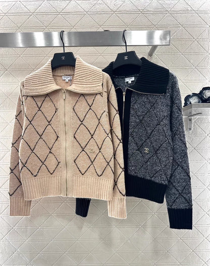 Large collar diamond grid zipper knitted jacket
