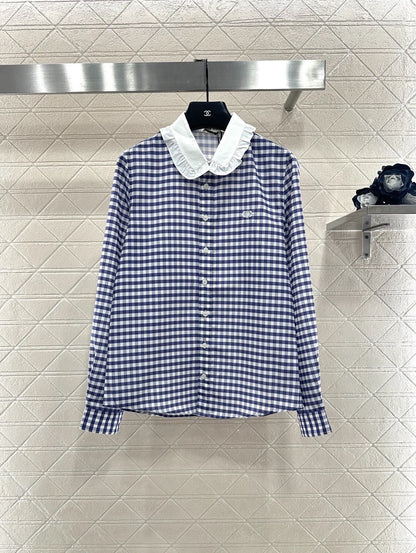 Lace collar blue and white checkered shirt