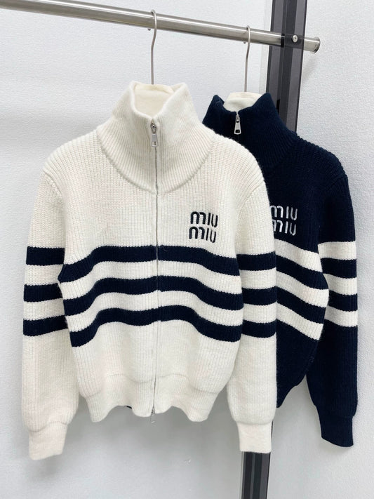 Striped stand up collar knitted cardigan