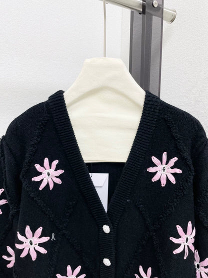 V-neck cardigan flower embroidery knitted cardigan