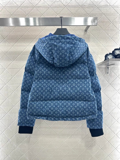 Hooded drawstring zipper denim down