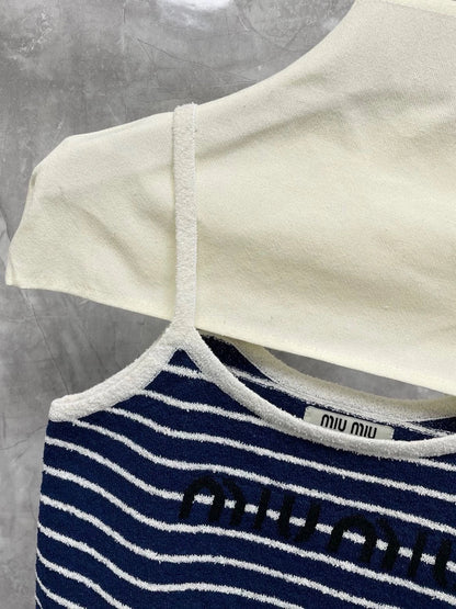 25 Summer new dark blue striped sweater suspender top + skirt set