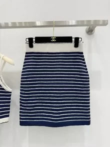 25 Summer new dark blue striped sweater suspender top + skirt set