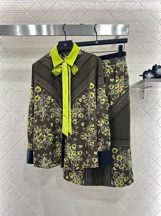 25fw Printed ribbon shirt half skirt set
