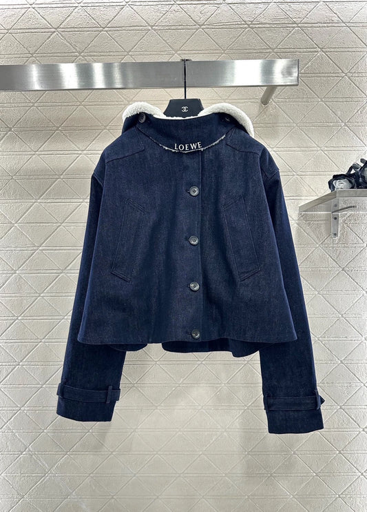 Hooded plush denim cloak jacket