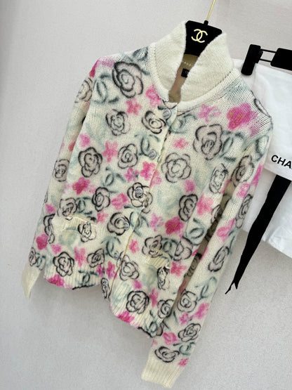 Camellia print cashmere cardigan