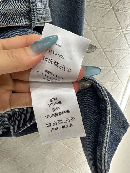 Printed denim mid length jacket