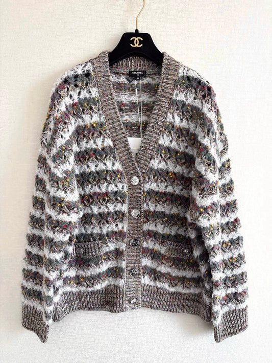 25fw Striped hollow knitted cardigan
