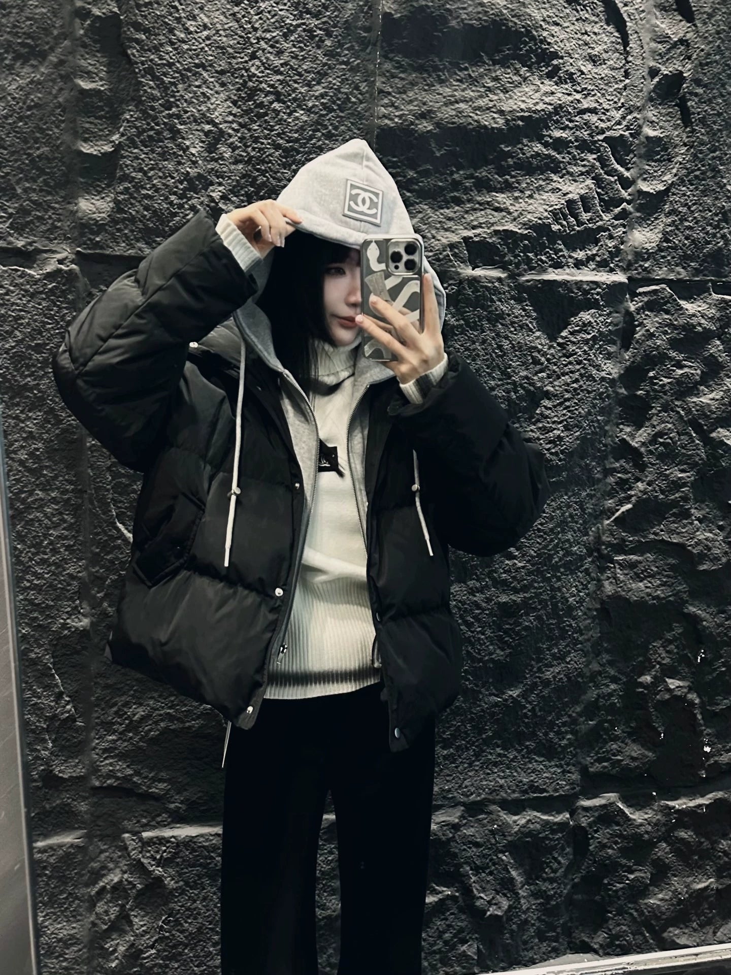 Fake two-piece spliced hoodie, hat, goose down suit