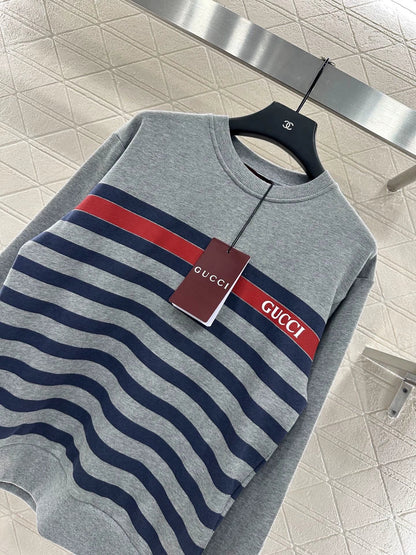 25fw Striped round neck pullover hoodie