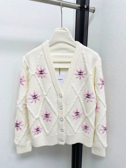 V-neck cardigan flower embroidery knitted cardigan